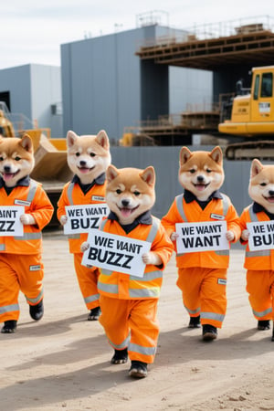 Realistic photograph, Movie light, film grain, 4K, Best quality, Shiba Inu puppies on strike, wearing construction uniforms, marching in front of a construction site, holding signs that say "We Want Buzz"