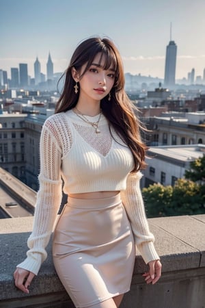 (masterpiece, top quality, best quality, official art, beautiful and aesthetic:1.2), hdr, Detailer for fullbody picture, high contrast, wideshot, 1girl, long  messy hair with  blunt bangs, looking at viewer,  clearly brown eyes, longfade eyebrow, soft make up, ombre lips, hourglass body, big breast, ( beautiful city: 1.5), finger detailed , detailed_background, ambient lighting, extreme detailed, cinematic shot, realistic ilustration, (soothing tones:1.3), (hyperdetailed:1.2) ,Best face ever in the world, wearing diamonds jewelry necklace, wearing beautiful diamond earrings ,detailed 3s skin texture, delicate detailed sport shoes, sharp_focus, wearing a delicate low cut sweaters, flowing skirt,mouse open, smirking, happy face, standing pose