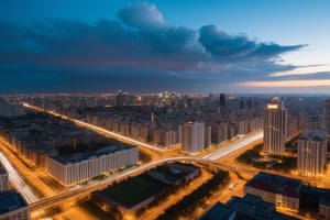 Realistic photograph, Movie light, film grain, 4K, Best quality, Time-lapse photography, a bird's eye view of the bustling city changing from day to night. The camera captures the dynamic flow of sunlight, the changing flow of clouds, the city gradually enters twilight, the streets are illuminated by street lights and car lights, and the traffic flow turns into streamers.