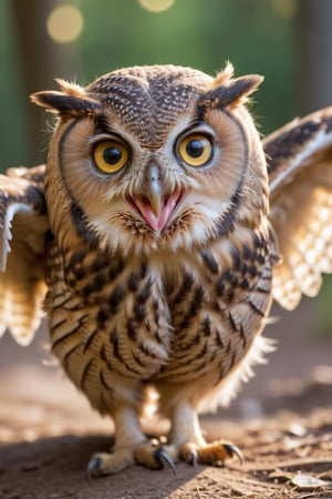 Realistic photograph, Movie light, film grain, 4K, Best quality, A cute owl running playfully toward the camera, its wide, curious eyes full of charm and mischief. Its small wings are slightly spread as it waddles forward with a comical, endearing gait. The owl’s soft feathers are ruffled by the movement, and its tiny talons lightly grip the ground as it bounces toward the viewer.

The background is blurred to focus on the owl’s adorable face, as it tilts its head slightly and 'smiles' at the camera, creating a delightful, heartwarming scene. The lighting highlights the soft textures of its feathers, making the owl's expressive, animated approach all the more lovable.