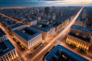 Realistic photograph, Movie light, film grain, 4K, Best quality, Time-lapse photography, a bird's eye view of the bustling city changing from day to night. The camera captures the dynamic flow of sunlight, the changing flow of clouds, the city gradually enters twilight, the streets are illuminated by street lights and car lights, and the traffic flow turns into streamers.