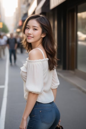 Realistic photograph, Movie light, film grain, 4K, Best quality, Japanese girl, a half-body shot captures a pretty woman walking down the street with effortless grace. She wears a chic, fitted blouse tucked into high-waisted jeans, and her stylish handbag hangs casually over her shoulder. Her hair is neatly styled, cascading down her back, while soft sunlight highlights her glowing skin and subtle makeup.

Her expression is confident yet relaxed, as she gazes ahead, slightly smiling. The background is blurred, but you can still make out the hints of a busy street: storefronts, passing cars, and other pedestrians, giving the scene a lively, urban feel. The focus is on her upper body, showcasing her poised posture and sophisticated fashion sense, while capturing the vibrant energy of the city.