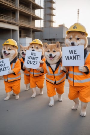 Realistic photograph, Movie light, film grain, 4K, Best quality, Shiba Inu puppies on strike, wearing construction uniforms, marching in front of a construction site, holding signs that say "We Want Buzz"