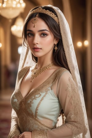 Realistic photograph, Movie light, film grain, 8k, Best quality, aesthetic photo, An Arabian princess, a breathtaking beauty, dressed in exquisite traditional Arabic attire. The scene captures her from a half-body perspective as she gracefully walks toward the camera. Her garments are intricately adorned with golden embroidery, shimmering jewels, and rich, colorful fabrics that flow elegantly with her movements.

The princess's expression is serene and confident, with dark, enchanting eyes that seem to captivate the viewer. Her hair is partially covered by a beautiful veil, adorned with delicate details that add to the opulence of her appearance. The background is softly blurred, emphasizing her royal elegance as she approaches, creating an enchanting and regal atmosphere.