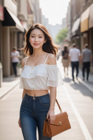 Realistic photograph, Movie light, film grain, 4K, Best quality, Japanese girl, a half-body shot captures a pretty woman walking down the street with effortless grace. She wears a chic, fitted blouse tucked into high-waisted jeans, and her stylish handbag hangs casually over her shoulder. Her hair is neatly styled, cascading down her back, while soft sunlight highlights her glowing skin and subtle makeup.

Her expression is confident yet relaxed, as she gazes ahead, slightly smiling. The background is blurred, but you can still make out the hints of a busy street: storefronts, passing cars, and other pedestrians, giving the scene a lively, urban feel. The focus is on her upper body, showcasing her poised posture and sophisticated fashion sense, while capturing the vibrant energy of the city.