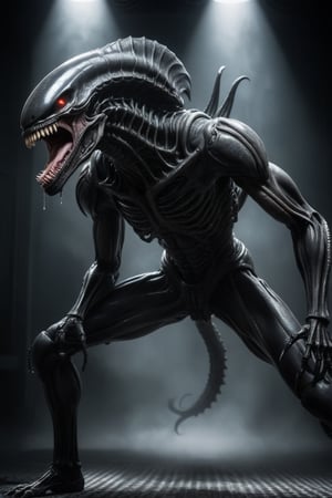 Realistic photograph, Movie light, film grain, 4K, Best quality, A full-body shot of the terrifying Xenomorph from the movie Alien, captured in a menacing pose. The creature's sleek, black exoskeleton shines under dim, eerie lighting, revealing its biomechanical design with ridged limbs and an elongated, eyeless head. Its powerful, sinewy tail curves menacingly behind it, ready to strike.

The Xenomorph's mouth is open wide, exposing rows of razor-sharp teeth, with thick, sticky drool constantly dripping from its jaws, glistening as it falls. Its secondary inner jaws, partially extended, add to the nightmarish effect.

The creature's long, spindly limbs are slightly bent, as if it’s about to lunge forward, muscles taut with anticipation. Its skeletal hands, tipped with claws, are poised and ready to grasp. The shadowy background enhances the feeling of dread, with mist swirling around its feet, creating an ominous, otherworldly atmosphere. Every part of the Xenomorph’s body radiates an unsettling, predatory energy, emphasizing its alien and terrifying nature.