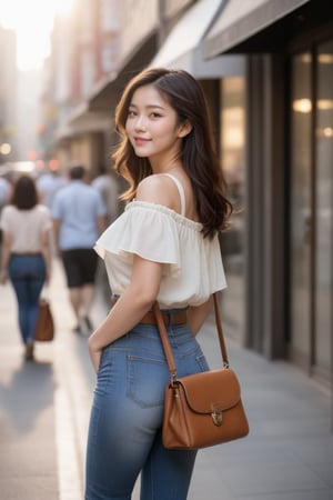 Realistic photograph, Movie light, film grain, 4K, Best quality, Japanese girl, a half-body shot captures a pretty woman walking down the street with effortless grace. She wears a chic, fitted blouse tucked into high-waisted jeans, and her stylish handbag hangs casually over her shoulder. Her hair is neatly styled, cascading down her back, while soft sunlight highlights her glowing skin and subtle makeup.

Her expression is confident yet relaxed, as she gazes ahead, slightly smiling. The background is blurred, but you can still make out the hints of a busy street: storefronts, passing cars, and other pedestrians, giving the scene a lively, urban feel. The focus is on her upper body, showcasing her poised posture and sophisticated fashion sense, while capturing the vibrant energy of the city.