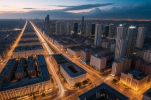 Realistic photograph, Movie light, film grain, 4K, Best quality, Time-lapse photography, a bird's eye view of the bustling city changing from day to night. The camera captures the dynamic flow of sunlight, the changing flow of clouds, the city gradually enters twilight, the streets are illuminated by street lights and car lights, and the traffic flow turns into streamers.