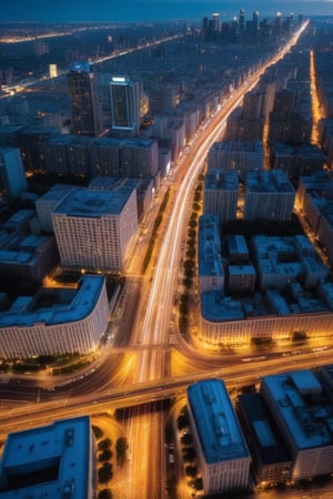 Realistic photograph, Movie light, film grain, 4K, Best quality, Time-lapse photography, a bird's eye view of the bustling city changing from day to night. The camera captures the dynamic flow of sunlight, the changing flow of clouds, the city gradually enters twilight, the streets are illuminated by street lights and car lights, and the traffic flow turns into streamers.