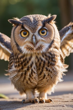 Realistic photograph, Movie light, film grain, 4K, Best quality, A cute owl running playfully toward the camera, its wide, curious eyes full of charm and mischief. Its small wings are slightly spread as it waddles forward with a comical, endearing gait. The owl’s soft feathers are ruffled by the movement, and its tiny talons lightly grip the ground as it bounces toward the viewer.

The background is blurred to focus on the owl’s adorable face, as it tilts its head slightly and 'smiles' at the camera, creating a delightful, heartwarming scene. The lighting highlights the soft textures of its feathers, making the owl's expressive, animated approach all the more lovable.