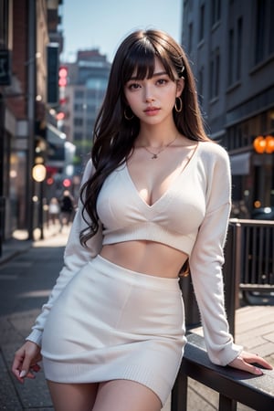(masterpiece, top quality, best quality, official art, beautiful and aesthetic:1.2), hdr, Detailer for fullbody picture, high contrast, wideshot, 1girl, long  messy hair with  blunt bangs, looking at viewer,  clearly brown eyes, longfade eyebrow, soft make up, ombre lips, hourglass body, big breast, ( beautiful city: 1.5), finger detailed , detailed_background, ambient lighting, extreme detailed, cinematic shot, realistic ilustration, (soothing tones:1.3), (hyperdetailed:1.2) ,Best face ever in the world, wearing diamonds jewelry necklace, wearing beautiful diamond earrings ,detailed 3s skin texture, delicate detailed sport shoes, sharp_focus, wearing a delicate low cut sweaters , flowing skirt, mouse open, smirking, happy face,BOTTOM VIEW