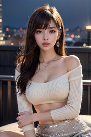 (masterpiece, top quality, best quality, official art, beautiful and aesthetic:1.2), hdr, Detailer for fullbody picture, high contrast, wideshot, 1girl, long  messy hair with  blunt bangs, looking at viewer,  clearly brown eyes, longfade eyebrow, soft make up, ombre lips, hourglass body, big breast, ( beautiful city: 1.5), finger detailed , detailed_background, ambient lighting, extreme detailed, cinematic shot, realistic ilustration, (soothing tones:1.3), (hyperdetailed:1.2) ,Best face ever in the world, wearing diamonds jewelry necklace, wearing beautiful diamond earrings ,detailed 3s skin texture, delicate detailed sport shoes, sharp_focus, wearing a delicate low cut sweaters, flowing skirt,mouse open, smirking, happy face ,lying on person