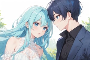 Masterpiece, highest quality, high brightness, 1 couple, female with blue hair, male with black hair