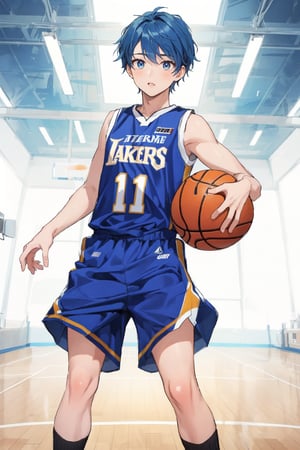 Masterpiece, highest quality, high brightness, 1 boy, female with blue hair, male with black hair, basketball player