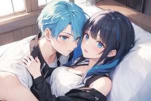 Masterpiece, highest quality, high brightness, 1 couple, female with blue hair, male with black hair