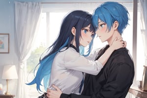 Masterpiece, highest quality, high brightness, 1 couple, female with blue hair, male with black hair