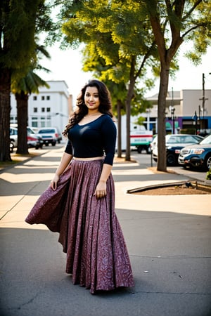 30 year old mallu woman, curvy, curly brown hair, front view, cinematic, high-quality, ultra-detailed, professionally color graded, professional photography. (volumetric:1.2), well-lit, double exposure, dramatic lighting, dramatic shadows, illumination, long shot, wide shot, full body, walking in the street, indian blouse and  skirt, happy_face, Fast shutter speed, 1/1000 sec shutter, Mallu