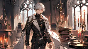solo, looking at viewer, short hair, red eyes, long sleeves, 1boy, hair between eyes, jewelry, closed mouth, standing, white hair, male focus, pants, indoors, necklace, cape, book, window, black pants, cross, fire, candle, book stack, candlestand