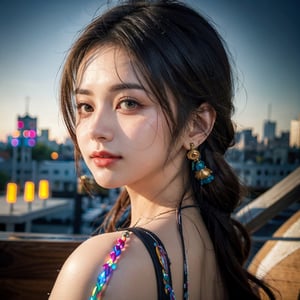 best quality,best quality, masterpiece, beautiful and aesthetic, 16K, (HDR:1.4), high contrast, bokeh:1.2, lens flare, (vibrant color:1.4), (muted colors, dim colors, soothing tones:0),  Exquisite details and textures, cinematic shot, Warm tone, (Bright and intense:1), wide shot, by playai, ultra realistic illustration, siena natural ratio, anime style, Waist-up Side-view, Short Wave dark brown hair, (a lovely smile:1), city, ultra hd, realistic, vivid colors, highly detailed, UHD drawing, pen and ink, perfect composition, beautiful detailed intricate insanely detailed octane render trending on artstation, 8k artistic photography, photorealistic concept art, soft natural volumetric cinematic perfect light,LinkGirl,xxmixgirl,3DMM,ZGirl,magazine cover,Side view,