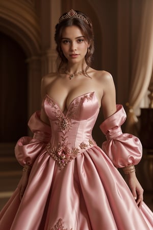 A majestic portrait of a stunning woman, elegantly attired in a ravishing pink silk embroidered royal gown. Her figure is accentuated by the flowing silk as she strikes a sultry pose, her confident gaze captivating the viewer. The intricate embroidery on the dress shines like diamonds under soft, golden lighting, while the surrounding atmosphere remains tranquil and serene.