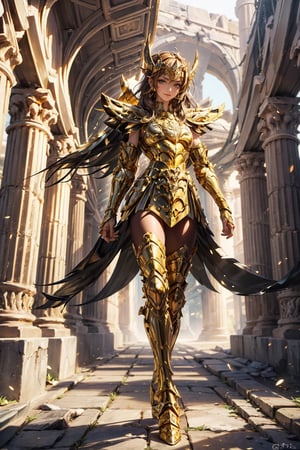 masterpiece, best quality, ultra detail, full body posed, brown straight long hair beautiful girl wearing sagitarius gold armor with big metal wing, light_smile, walking posed inside ruin of greece temples, intricate golden armor, SagittariusArmor. 