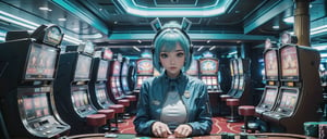 (masterpiece), science fiction, scenery,  1girl, short hair, bangs, aqua hair color, light blue eyes, mecha headgear, sci-fi bodysuits, 
slot machine, (blue (#006fc7)) background in the casino