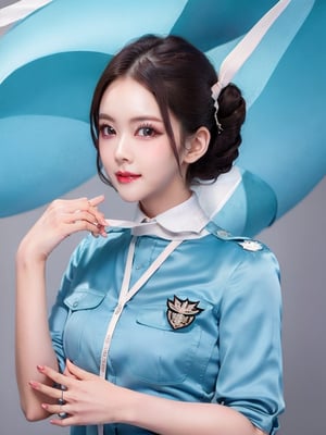 1 slim flight crews with beautiful and small face, single bun hair, wearing blue stain shirt and white pencil skirt, name tag, silk scarf, flight badge, black pantyhose, hand on shoulde, from front, look at viewer, best quality, 4K resolution,