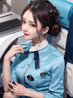 1 slim flight crews with beautiful and small face, single bun hair, wearing blue stain shirt and white pencil skirt, name tag, silk scarf, flight badge, black pantyhose, from front, look at viewer, best quality, 4K resolution,