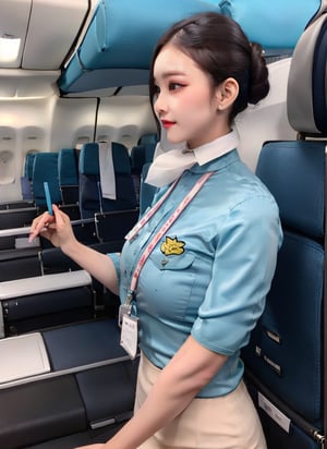 1 slim flight crew with beautiful face, single hair bun, black hair, wearing blue stain shirt and white pencil skirt, silk scarf, name tag, flight badge, from front, professional, (solo:1.2), in flight