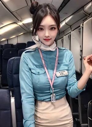 1 slim flight crew with beautiful face, single hair bun, black hair, wearing blue stain shirt and white pencil skirt, silk scarf, name tag, flight badge, from front, professional, (solo:1.2), in flight