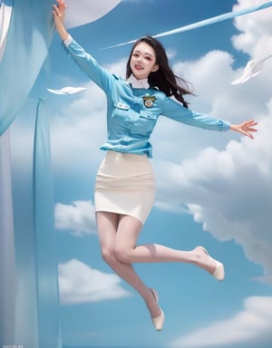 1 slim lady with beautiful face, long hair, hair spread out, black hair, wearing blue (stai shirt and white pencil skirt, silk scarf, flight badge, pantyhose, jumping, look at viewer, happy, from side, (wind), solo, 4K resolution, best quality 