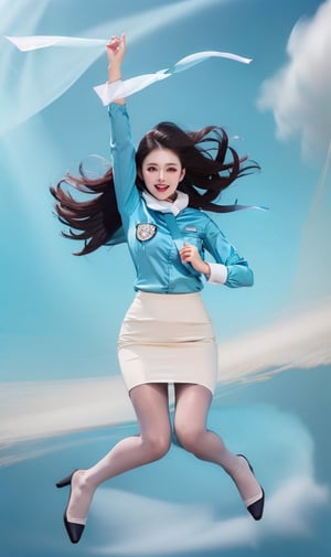 1 slim lady with beautiful face, long hair, hair spread out, black hair, wearing blue (stai shirt and white pencil skirt, silk scarf, flight badge, pantyhose, jumping, look at viewer, celebrating, from front, (wind), solo, 4K resolution, best quality 