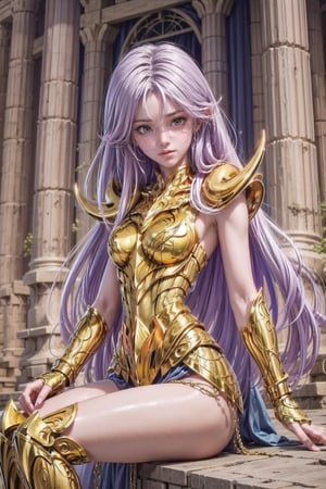 masterpiece, best quality, ultra detail, light purple long hair beautiful girl, wearing aries gold armor with white cape, sitting inside ruin of greece temples, intricate golden armor,