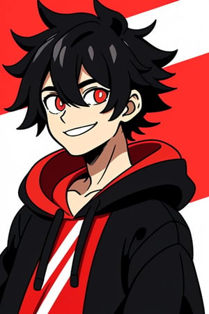 An illustration of a black-haired gamer boy, looking forward with a small smile, wearing a black jacket and black hoodie and red details, with a light red right eye pupil