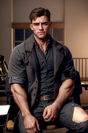 solo, looking at viewer, short hair, brown hair, 1boy, brown eyes, closed mouth, sitting male focus, muscular, facial hair, muscular male, clean shirt, bara,college,sexologist,schlar, stubble, manly