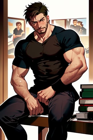 solo, looking at book, short hair, brown hair, 1boy, brown eyes, closed mouth, sitting male focus, muscular, facial hair, muscular male, clean half clsoe shirt, bara,college,sexologist,schlar, stubble, manly,clean face, animated,Big Boss