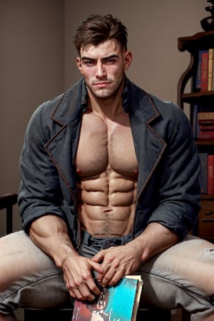 solo, looking at book, short hair, brown hair, 1boy, brown eyes, closed mouth, sitting male focus, muscular, facial hair, muscular male, clean half clsoe shirt, bara,college,sexologist,schlar, stubble, manly,clean face