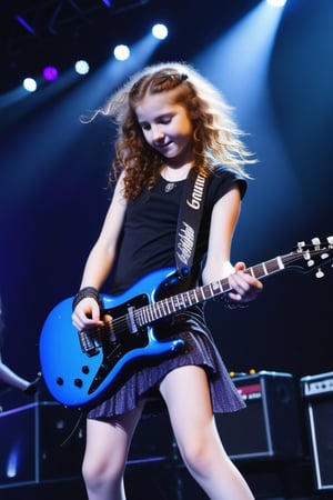 1girl, petite, (((14 years old))), (((nonude))), skinny, Long Perm auburn Hair, headbanging, Rock Concert, on Stage, Electro guitar, Short glamrock outfit, Spotlight, playing guitar, laughing, 