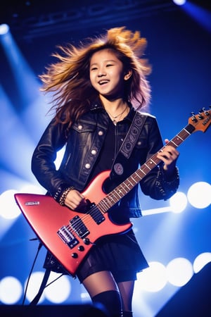 1girl, petite, (((14 years old))), (((nonude))), skinny, Long Perm auburn Hair, headbanging, Rock Concert, on Stage, Electro guitar, Short glamrock outfit, Spotlight, playing guitar, laughing, asian girl. Rock outfit