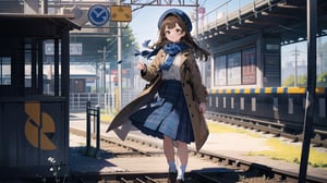 masterpiece, best quality, high quality,extremely detailed CG unity 8k wallpaper, extremely detailed, High Detail, 

(1girl, solo), long hair, skirt, brown hair, hat, holding, brown eyes, standing, jacket, outdoors, shoes, day, socks, scarf, blurry, blue skirt, coat, plaid, plaid skirt, white socks, blue headwear, train station, railroad tracks,girl
