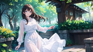 Captivating 8K masterpiece: A stunning young woman with long, luscious brown locks and bangs, donning a crisp white shirt with long sleeves and a flowing white dress, stands majestically outdoors during the day. The subject's gaze is cast upwards, her lips subtly smiling as she poses against a blurred tree backdrop, with a modern building in the distance. Soft, warm light illuminates her features, while the vibrant colors of the surroundings are accentuated by HDR technology.