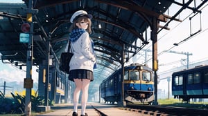 A majestic masterpiece of a 8K wallpaper features a stunning solo female figure, with long brown hair cascading down her back, adorned in a plaid skirt and matching hat. Her bright brown eyes sparkle as she stands confidently outdoors at a bustling train station, surrounded by the hum of railroad tracks. She wears a fitted jacket over a scarf, paired with white socks and comfortable shoes. The soft focus blur adds a touch of whimsy to this already captivating scene.