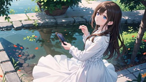 masterpiece, best quality, high quality,extremely detailed CG unity 8k wallpaper, HDR, High Detail, 

1girl, solo, long hair, bangs, brown hair, shirt, long sleeves, dress, white shirt, outdoors, day, white dress, blurry, from side, tree, lips, looking up, building, photo background