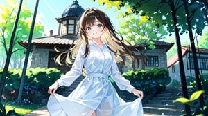 1 girl, solo, Captivating 8K masterpiece: A stunning young woman with long, luscious brown locks and bangs, donning a crisp white shirt with long sleeves and a flowing white dress, stands majestically outdoors during the day. The subject's gaze is cast upwards, her lips subtly smiling as she poses against a blurred tree backdrop, with a modern building in the distance. Soft, warm light illuminates her features, while the vibrant colors of the surroundings are accentuated by HDR technology.