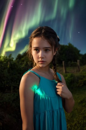 High resolution, extremely detailed, atmospheric scene, masterpiece, best quality, 64k, high quality, (HDR), HQ, 1girl, solo, (1 ghost girl), super cute, milkmaid braids hairstyle, worried face, in At the Harmonic Glade with Melodious Elemental Pools , magical auroras dancing across the sky casting vibrant colors and a sense of awe , Watch, Armlet, ultra slender body, bones visibles,