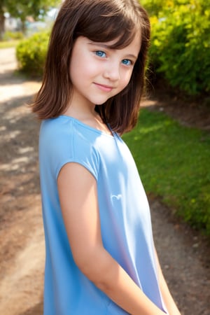 A stunning European preteen girl, aged 10-12, with a petite frame and baby fat face, poses casually in a summer setting. Her silverblue eyes sparkle as she looks away from the camera, her lips curving into a happy smile. A perfect nose, high cheekbones, and slender features define her youthful beauty. Her short white hair frames her round face, adding to her innocent charm. She wears soft fabric clothing that hugs her slim figure, showcasing flat chest and toned legs. The photorealistic image is rendered in 8k resolution, with incredible detail and texture.