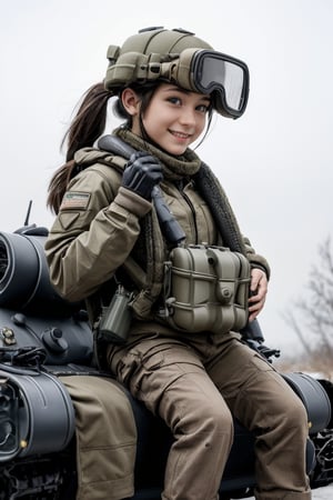 Masterpiece, Beautiful details, Perfect focus, Uniform 8K wallpaper, High resolution, Exquisite texture down to the smallest detail, Deformed, Simple background, Light gray background, 1 woman, Solo, Looking at viewer, Brown hair, Twin tails, Brown eyes, Smiling, Gloves, Long sleeves, Holding, Jacket, Weapon, Boots, Socks, Bag, Holding weapon, Gun, Military, Traditional media, Backpack, Helmet, Goggles, Ground vehicle, Holding gun, Automobile, Rifle, Cannon, Military vehicle, Camouflaged tank, Rugged truck, ((Deformed tank:1.5)), Machine gun, Goggles on hat,Deformed,dal-6 style