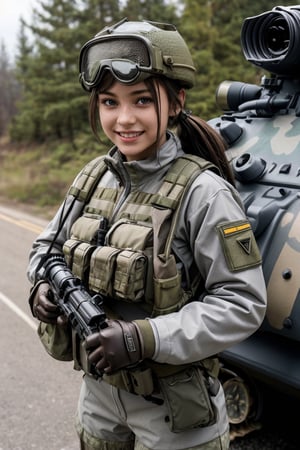 Masterpiece, Beautiful details, Perfect focus, Uniform 8K wallpaper, High resolution, Exquisite texture down to the smallest detail, Deformed, Simple background, Light gray background, 1 woman, Solo, Looking at viewer, Brown hair, Twin tails, Brown eyes, Smiling, Gloves, Long sleeves, Holding, Jacket, Weapon, Boots, Socks, Bag, Holding weapon, Gun, Military, Traditional media, Backpack, Helmet, Goggles, Ground vehicle, Holding gun, Automobile, Rifle, Cannon, Military vehicle, Camouflaged tank, Rugged truck, ((Deformed tank:1.5)), Machine gun, Goggles on hat,Deformed,dal-6 style