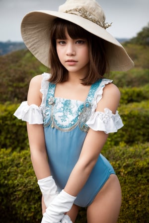 A masterpiece of absurd beauty! A solo figure, 1girl, stands in perfect composition against a simple yet striking grey background. Her short hair is styled with intricate details, framing her flawless face and piercing red eyes. She wears a high-leg leotard, white footwear, and matching gloves, adorned with frills and puffy sleeves. A stylish hat tops off the ensemble. In one hand, she holds a staff, while her gaze is fixed intently on something in the distance. The overall aesthetic is one of ultra-detailed elegance, showcasing the newest iteration of a surreal and captivating visual masterpiece.