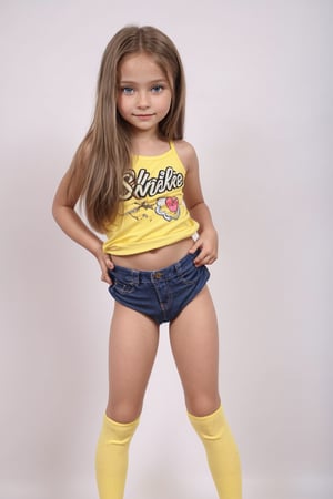 A young girl, around 11 years old, with a petite build and a mini-style, stands in alluring pose and the legs are slightly open. childish colorful wear with thigh high socks, looking down with a mixture of curiosity and embarrassment against a bright yellow background.(bright yellow background)